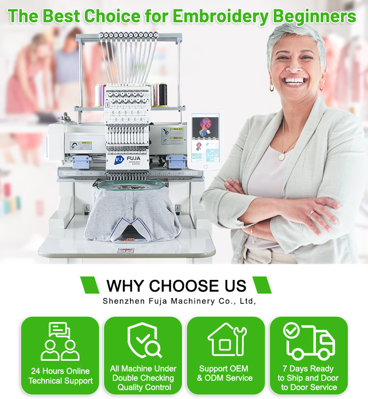 Máquina de bordar camisetas y gorras computarizada de un solo cabezal, comercial, con 12, 15 y 20 agujas, para tamaños de 400 x 500 mm.