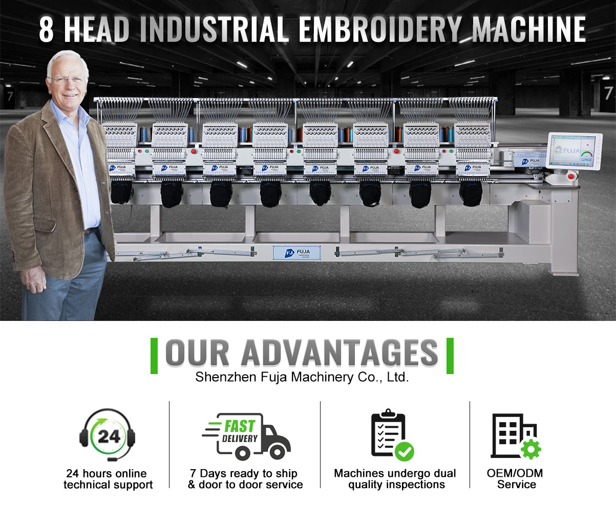 Máquina de bordar industrial para gorras de camisetas, 12 y 15 agujas, 8 cabezales, 400 x 450 mm