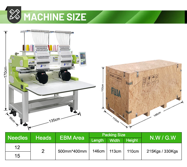 Máquina de bordar camisetas y gorras computarizada de 2 cabezales, 12, 15 y 20 agujas para 400 x 500