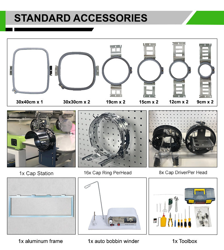 Máquina de bordar industrial para gorras de camisetas, 12 y 15 agujas, 8 cabezales, 400 x 450 mm