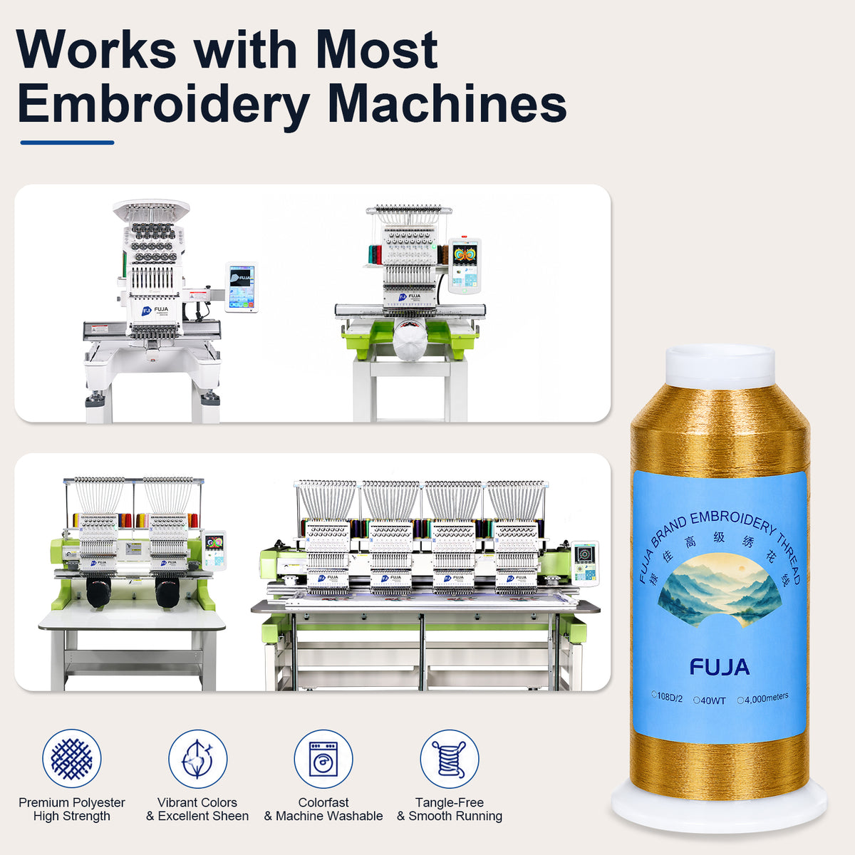 FUJA 63 Color Polyester Embroidery Thread Set, 108D/2, 5000 yd Cones
