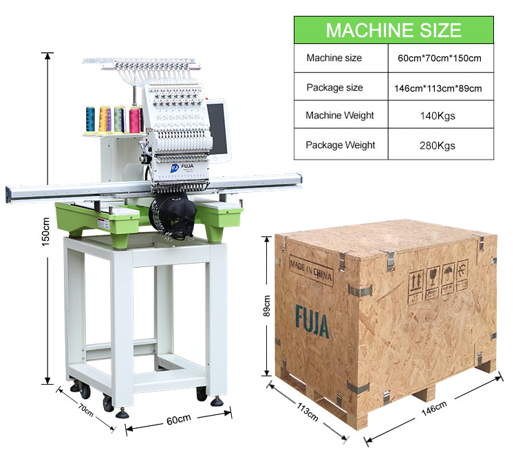 Máquina de bordar computarizada FUJA de un solo cabezal, 12 y 15 agujas, para camisetas planas de área grande de China, de 350 x 1200 mm