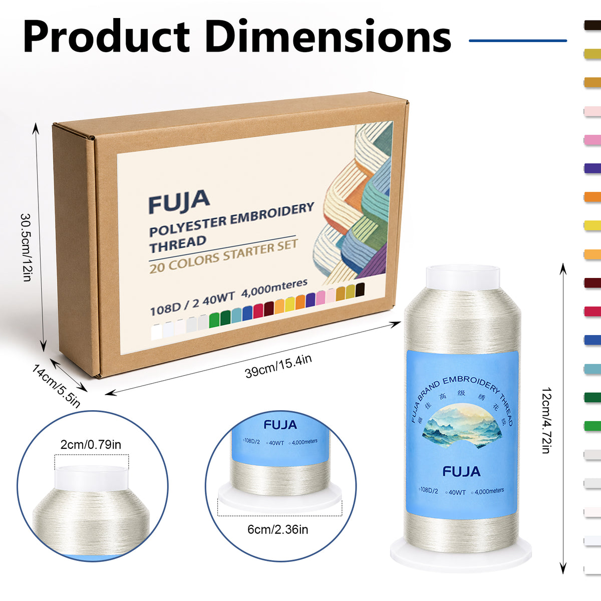 FUJA 20 Color Polyester Embroidery Thread Set, 108D/2, 5000 yd Cones