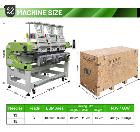 Máquina de bordado plano computarizada FUJA para camisetas, 3 cabezales, 12 y 15 agujas, para 400 x 500 mm