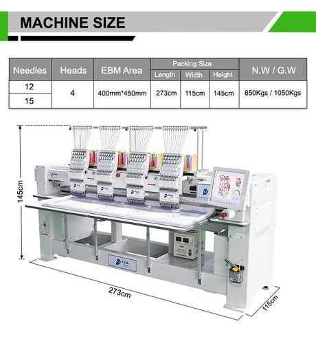 Máquina de bordar camisetas y gorras industrial de 4 cabezales, 12 y 15 agujas, para 400 x 450 mm