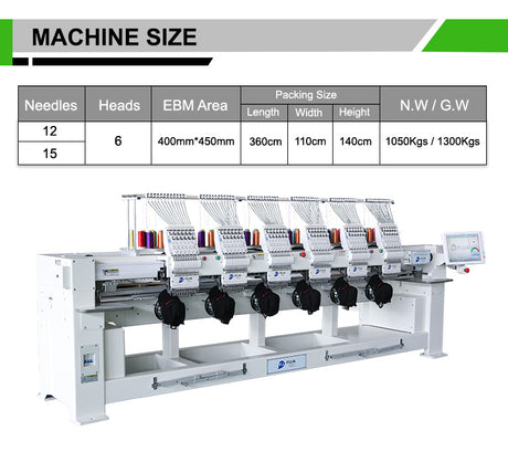 Máquina de bordar computarizada de 6 cabezales, 12 y 15 agujas para gorras y camisetas, 400 x 450 mm