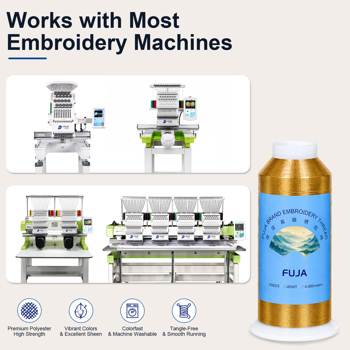 FUJA 63 Color Polyester Embroidery Thread Set, 108D/2, 5000 yd Cones