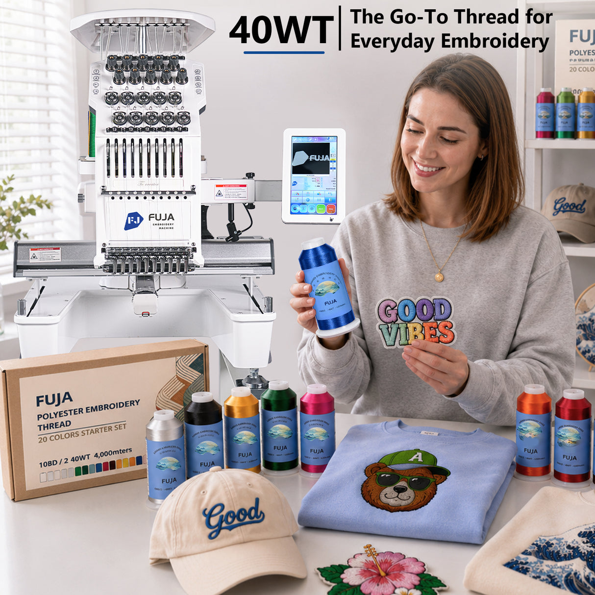FUJA 63 Color Polyester Embroidery Thread Set, 108D/2, 5000 yd Cones