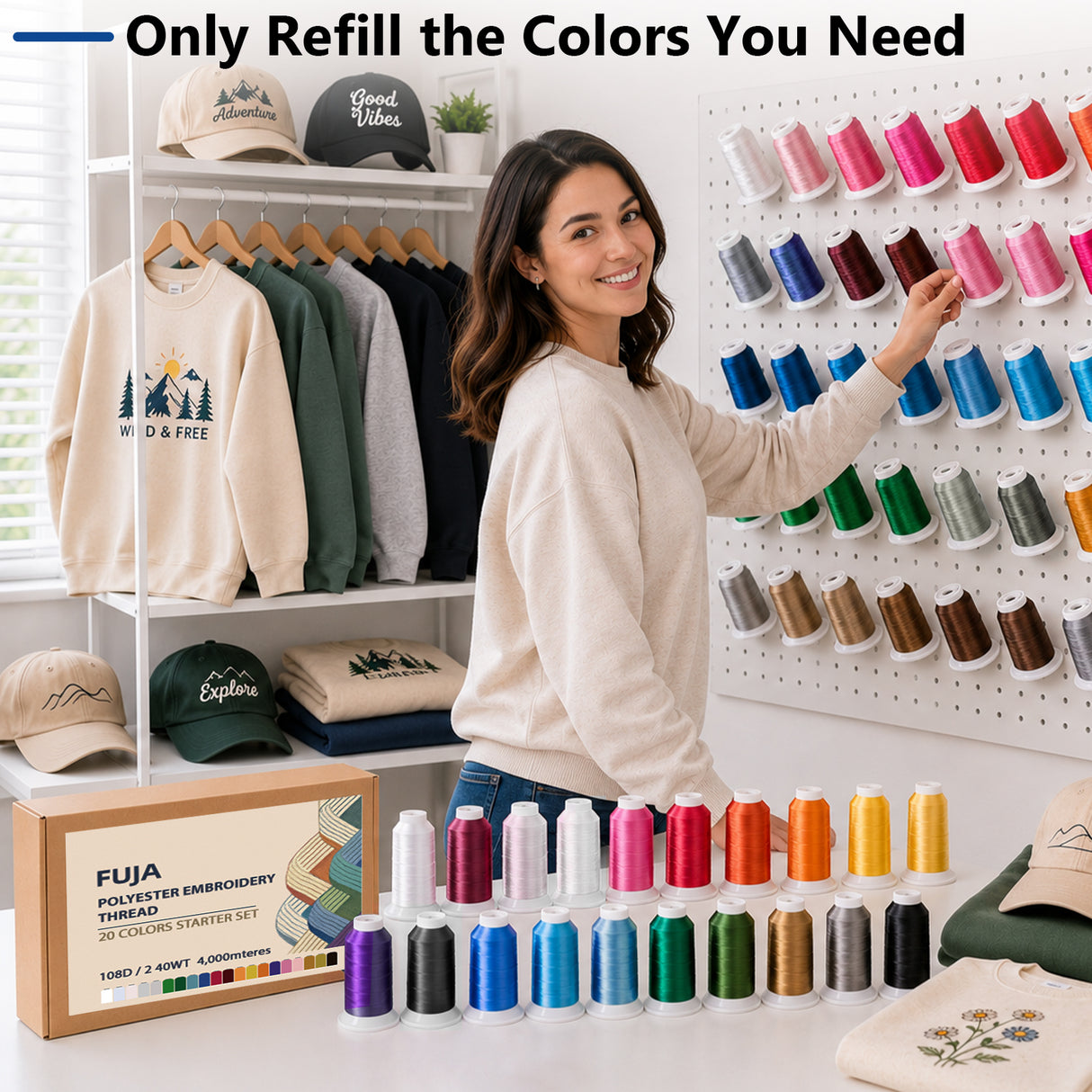 FUJA 63 Color Polyester Embroidery Thread Set, 108D/2, 5000 yd Cones